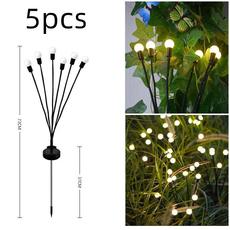 Solar-powered LED firefly ground lamp with multiple heads and ground spike for garden installation
