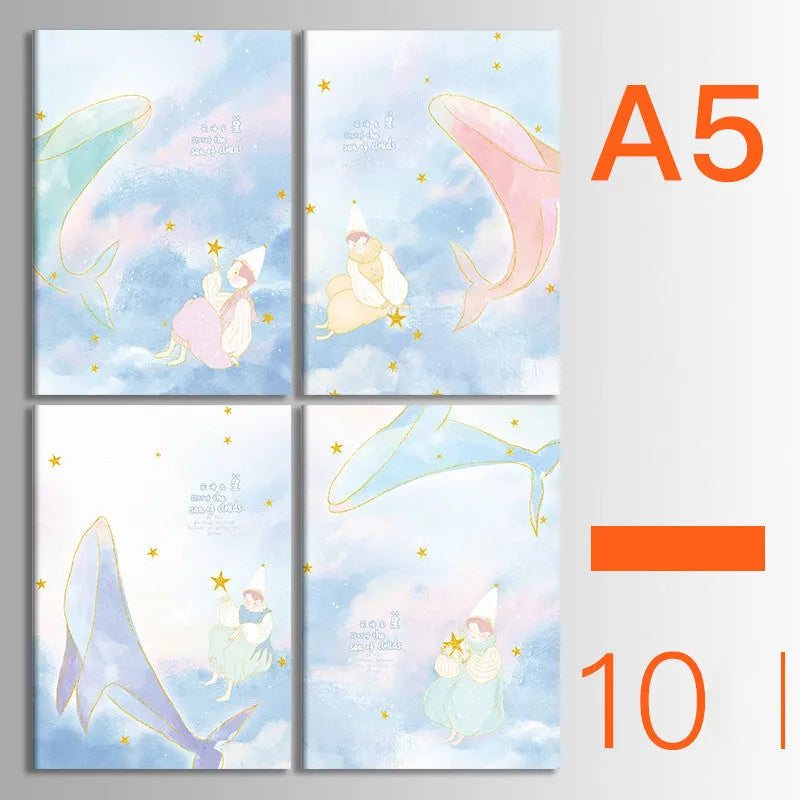 Pack of 10 A5 and B5 soft cover kraft paper notebooks with various designs, showing thread binding.