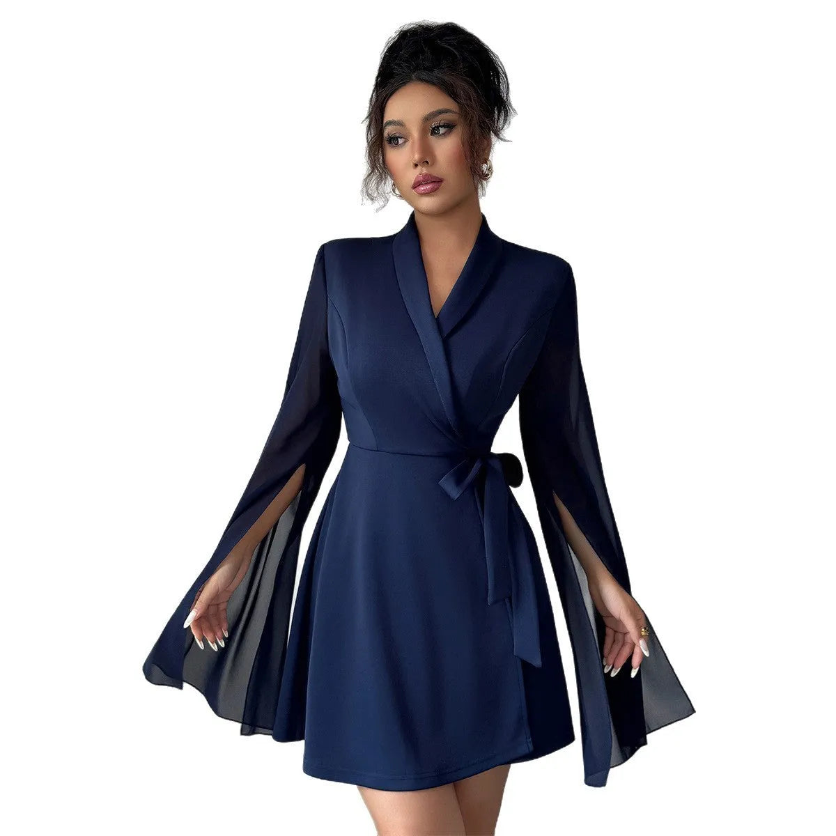 Navy blue A-line long sleeve tie dress with bell sleeves and short flared skirt, sizes S to XL