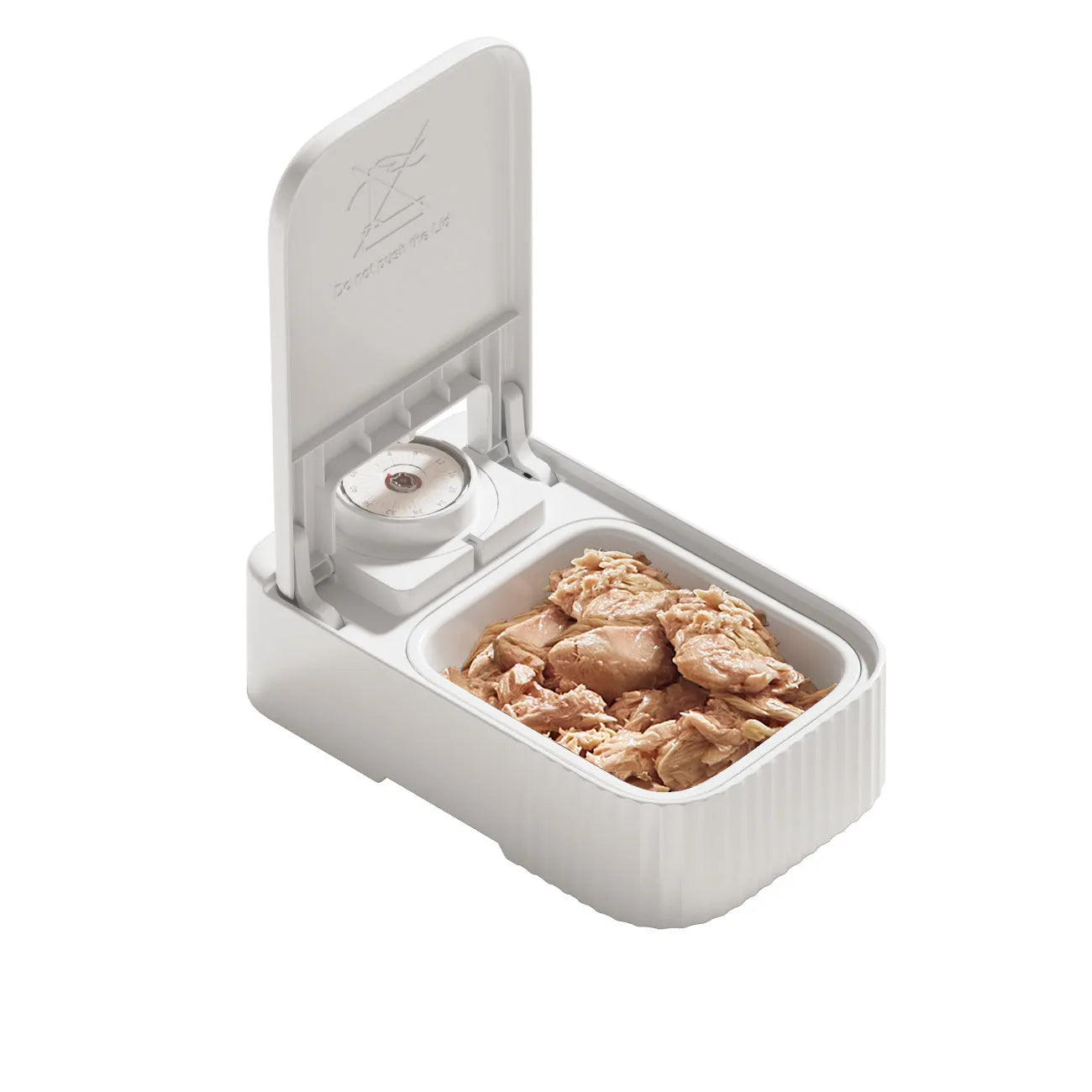 White electronic pet feeder with timer display and ice crystal compartment for 48-hour food freshness