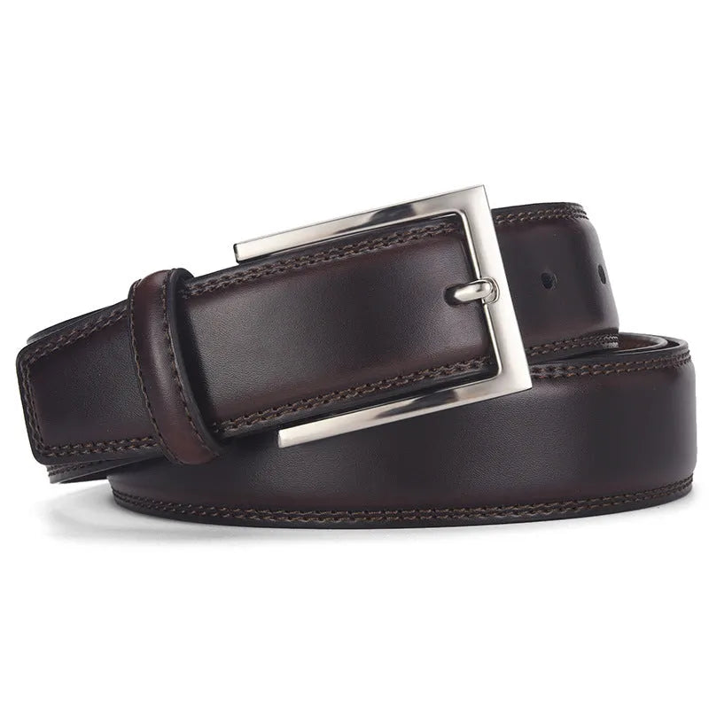 Men's black genuine leather belt with an alloy pin buckle, shown with a length measurement chart.