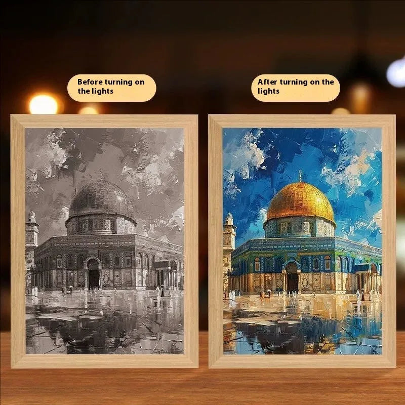 Rectangular LED digital picture frame displaying spiritual artwork with handmade construction