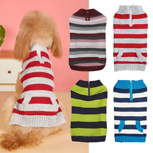 Grey acrylic dog sweater with horizontal zipper and button pocket on small dog