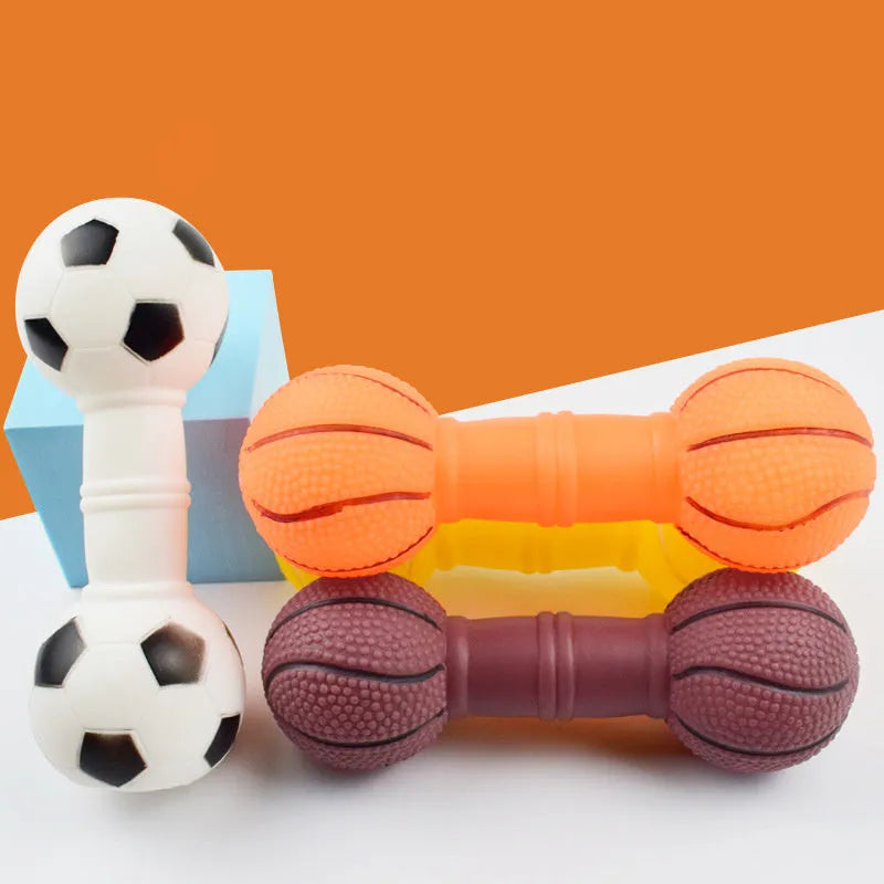 Football dumbbell shaped dog squeaky chew toy in brown, orange, white, and yellow colour options