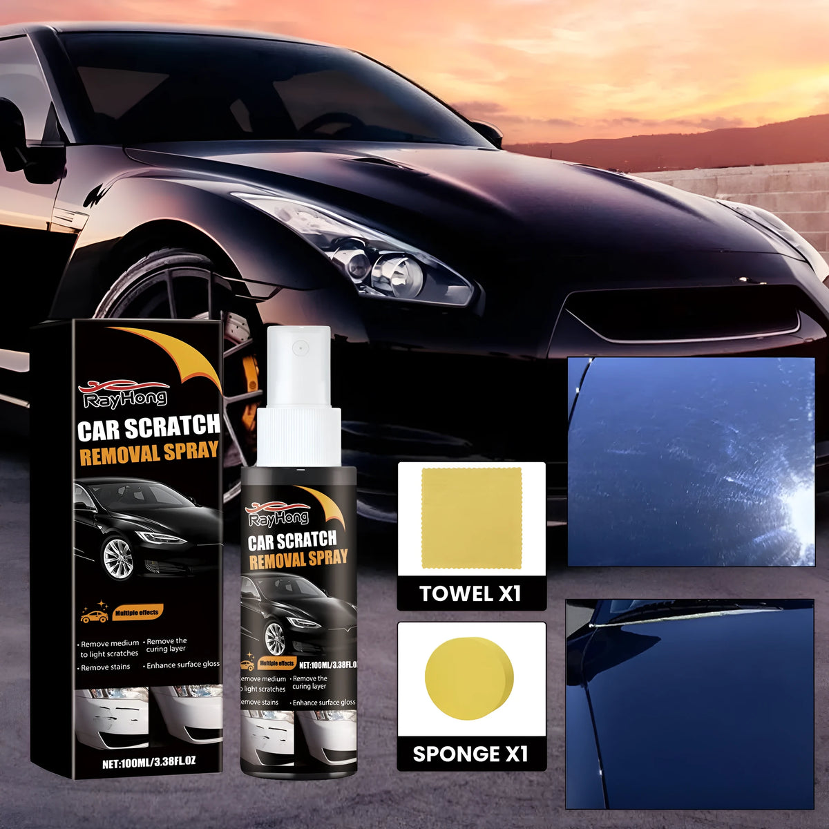 Car scratch repair agent 100ml plastic bottle with sponge and microfiber towel for paint renovation