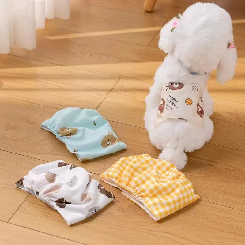Reusable male dog diaper belly band wrap with cartoon bone paw print design and elastic waistband
