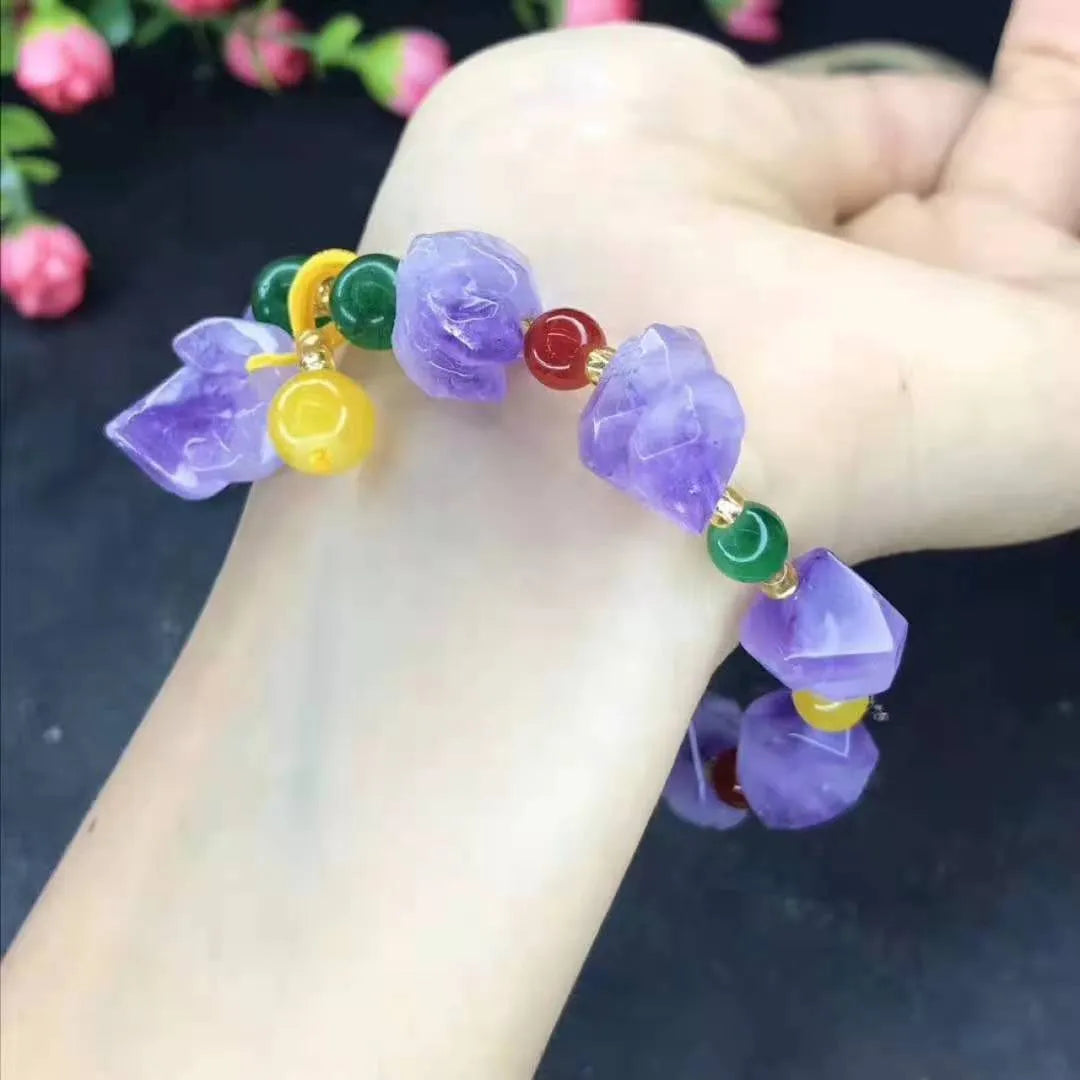 Natural shaped purple amethyst bead bracelet for women featuring a Fu character design element.