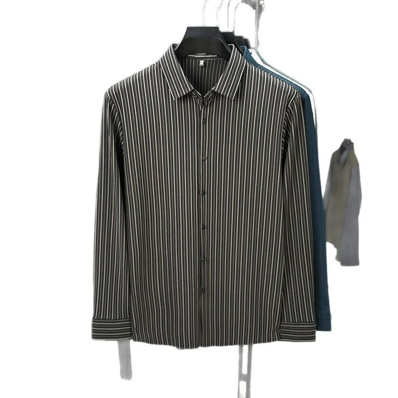 Men's vertical striped cardigan shirt in recycled fibre blend with long sleeves, available in multiple colours