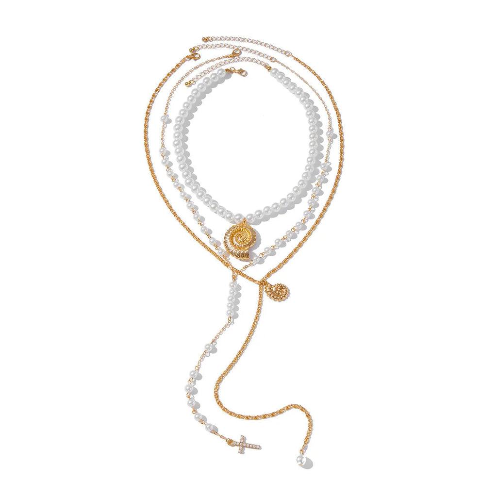 Long Y-shaped twin necklace with tassel pendant in gold electroplated alloy with imitation pearl chain
