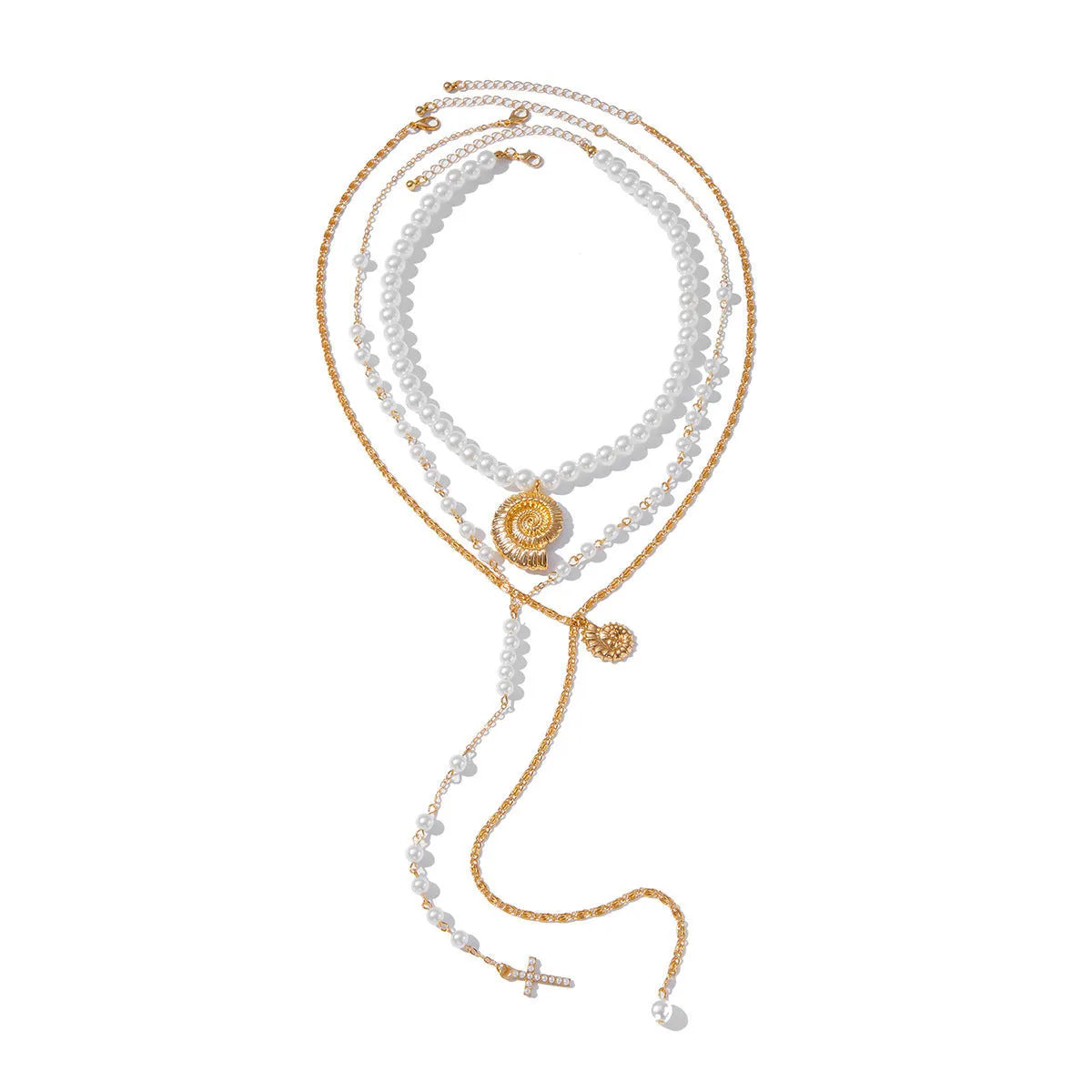 Long Y-shaped twin necklace with tassel pendant in gold electroplated alloy with imitation pearl chain