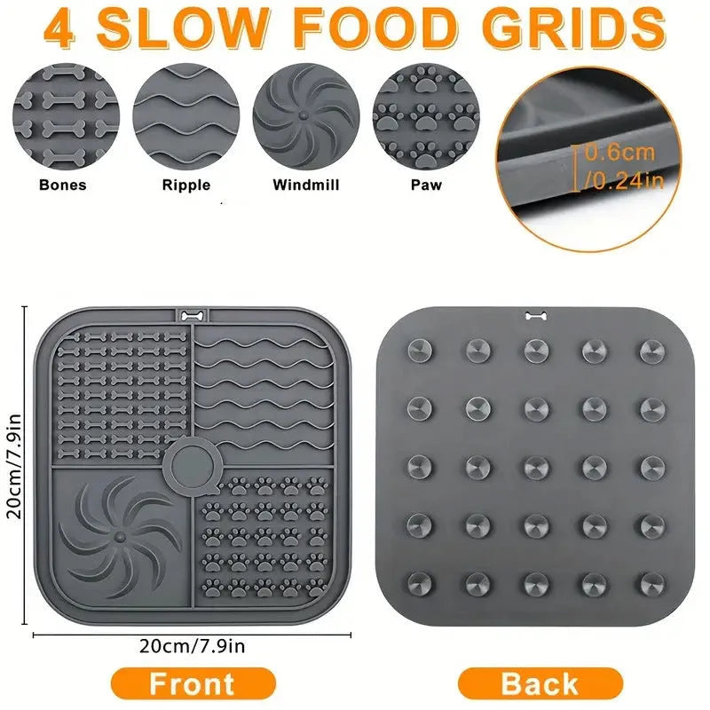 Silicone pet slow food mat with bottom suction cups in gray colour on smooth floor