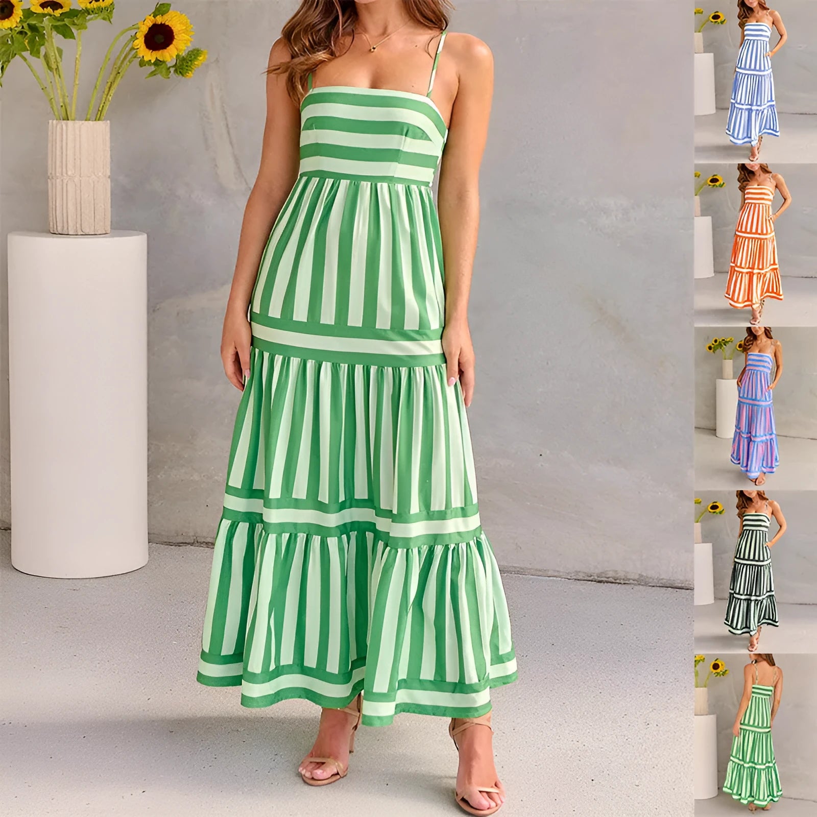 Women's striped summer suspender long dress with pockets and square neck backless design