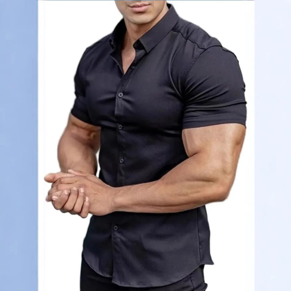 Men's short sleeve printed casual shirt in cardigan style, available in multiple colours and sizes.
