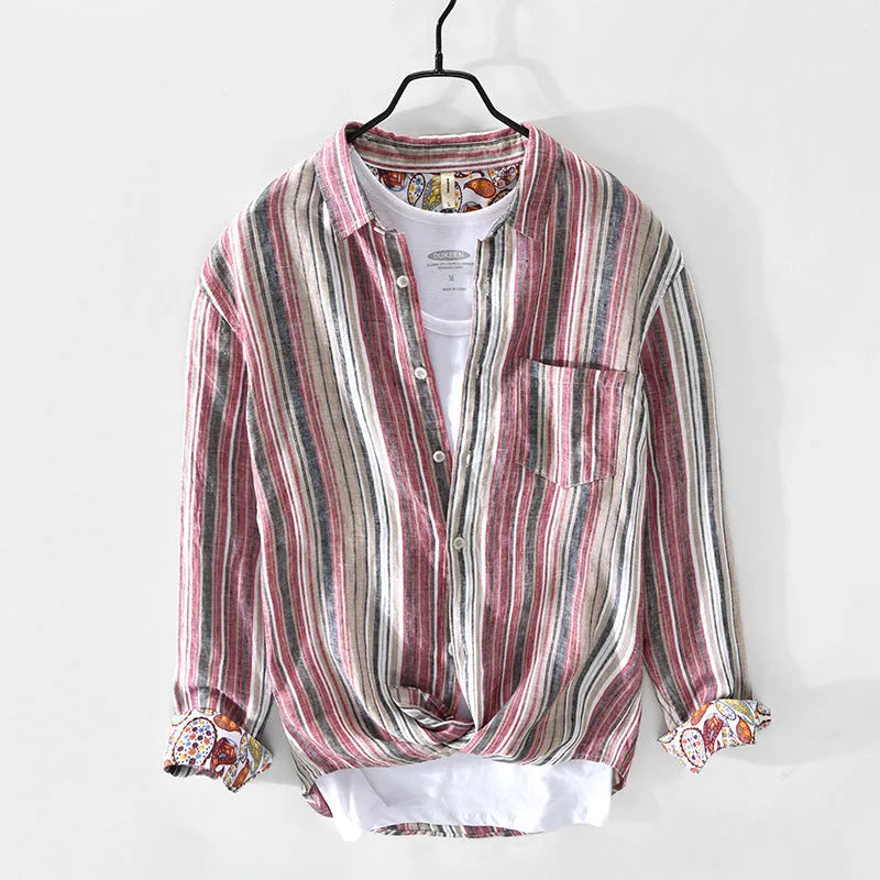 Men's striped linen shirt in red or grey with long sleeves and loose fit