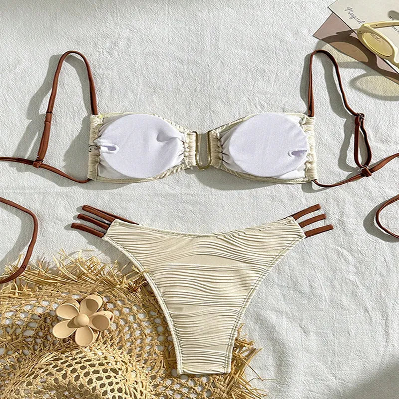 Women's polyester three-point bikini set in striped pattern, khaki and white colours, front view