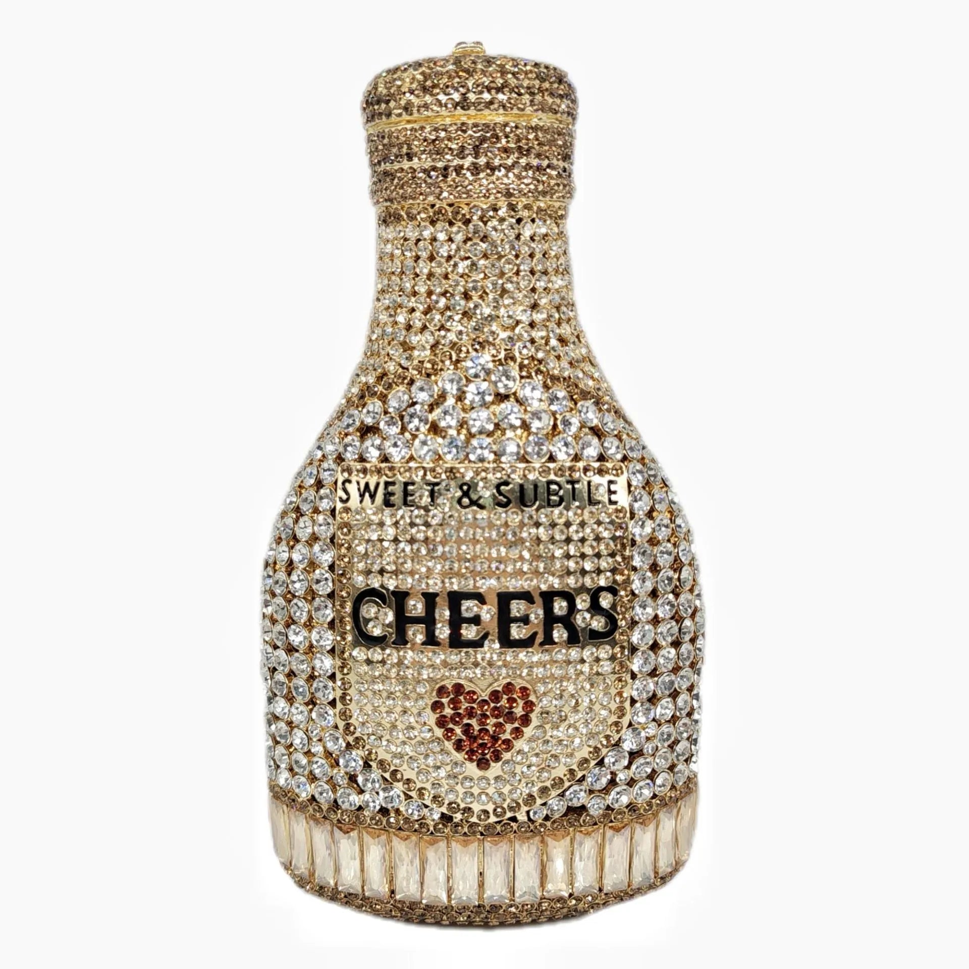 Gold champagne bottle shaped evening clutch with rhinestone decoration on black background