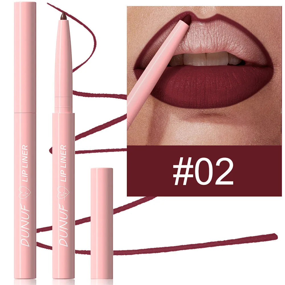 Set of twelve velvet matte lip liner pencils in a range of colours, shown with swatches.