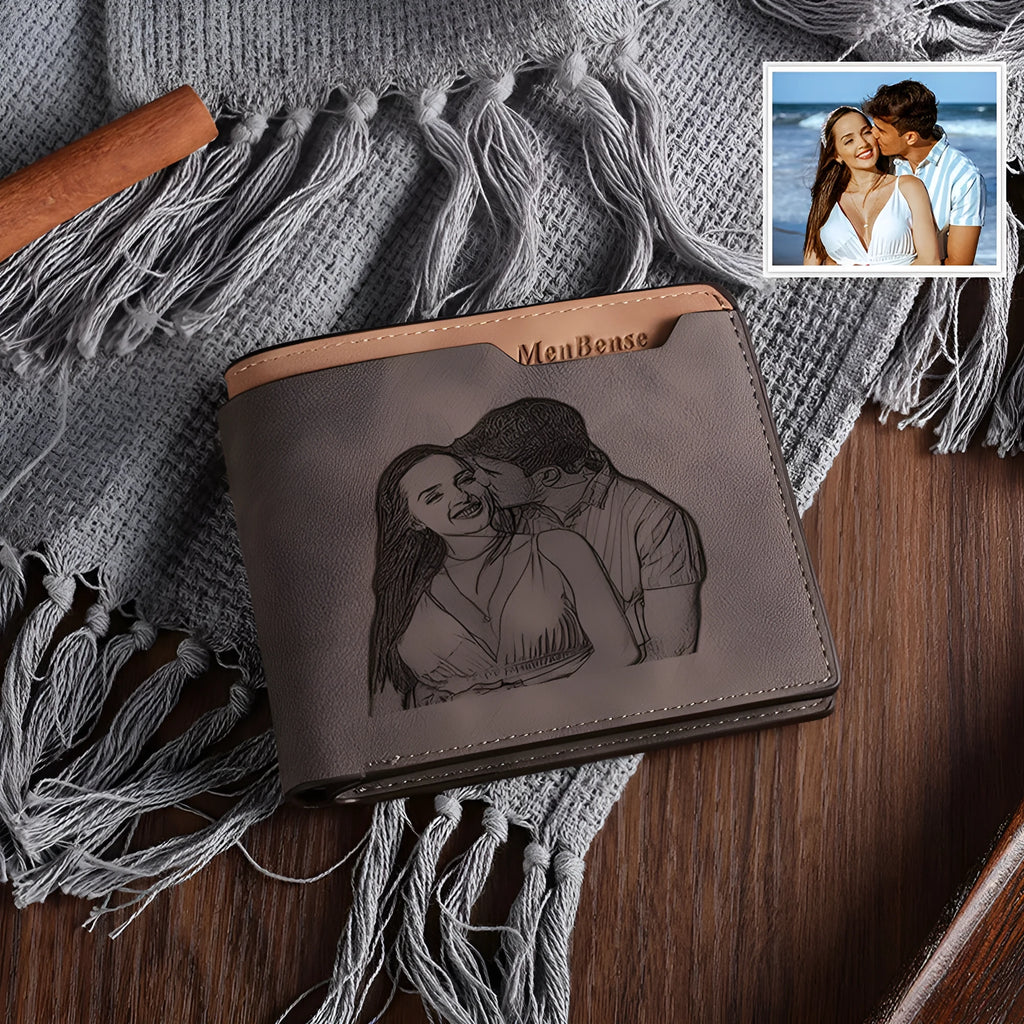 Coffee coloured PU leather engraved wallet showing personalised photo engraving option.