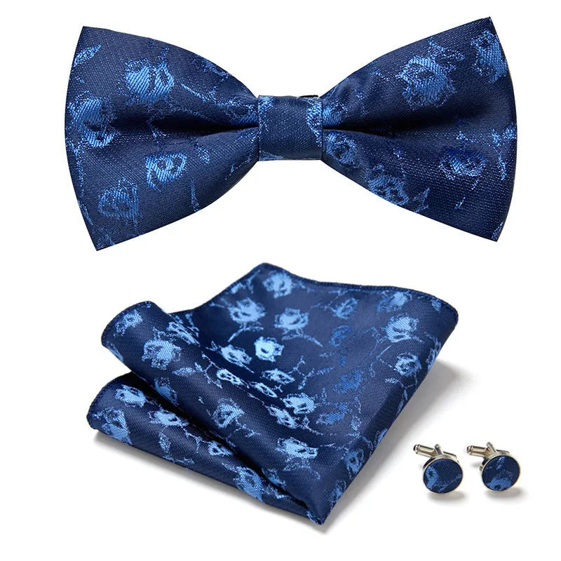 Floral Bow Tie Set of Three Pieces Polyester Yarn Hand-Sewn 12cm by 6cm Bow Tie with Matching Pocket Square 25x25cm and Cufflinks 1.5cm for Men's Formal Wedding and Party Accessories Multistyle Options