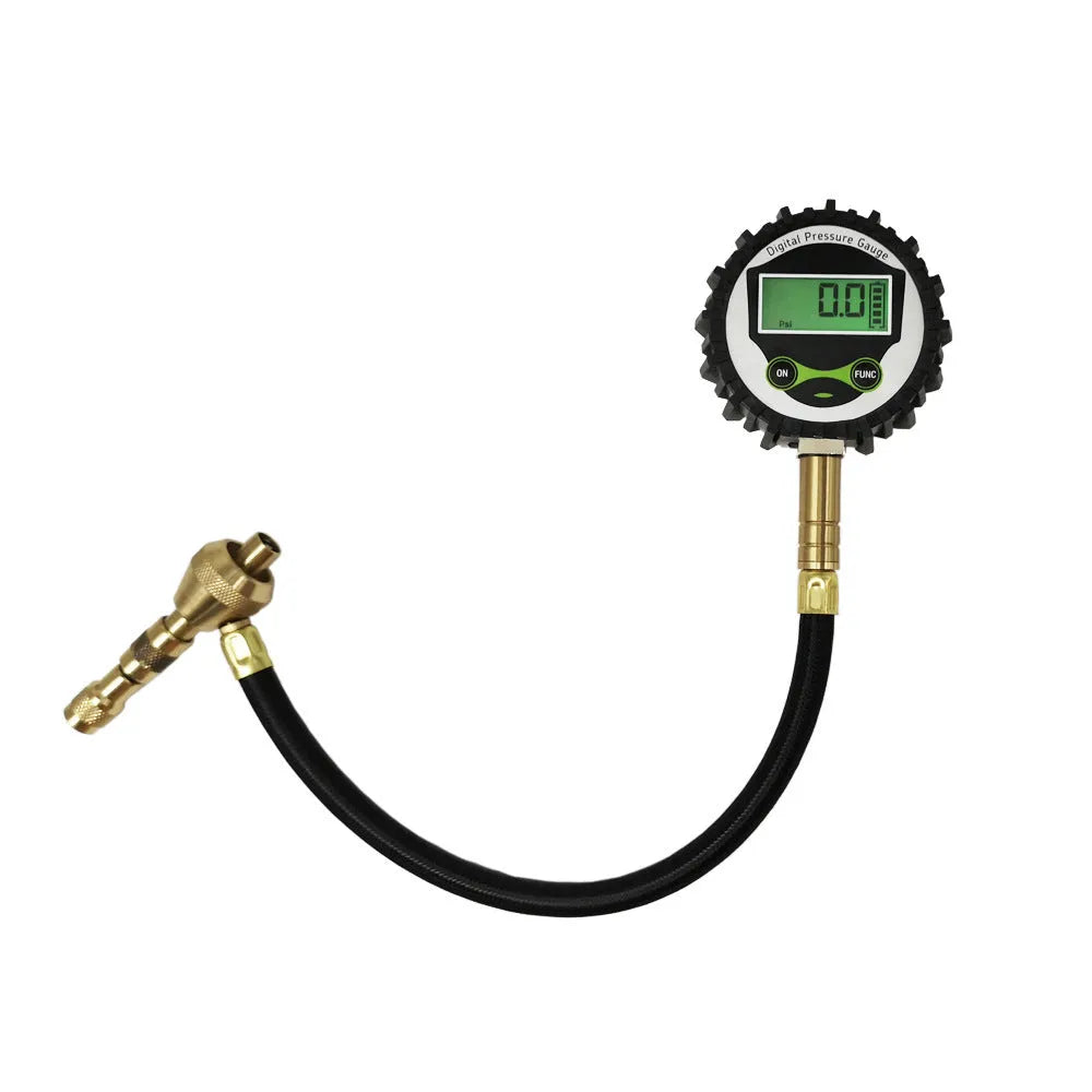 Off-road vehicle tyre pressure gauge with mechanical rapid deflation function in metal body rubber shell