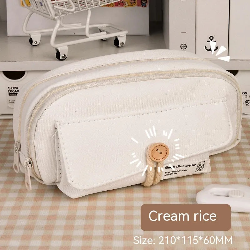 Korean style canvas pencil case in beige, blue, grey, and green colour options with large capacity for approximately 80 pens