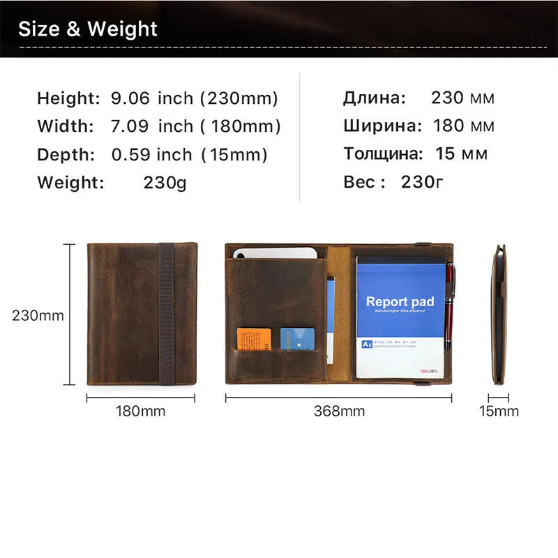 Brown Crazy Horse leather A5 notebook protective sleeve with square socket style design