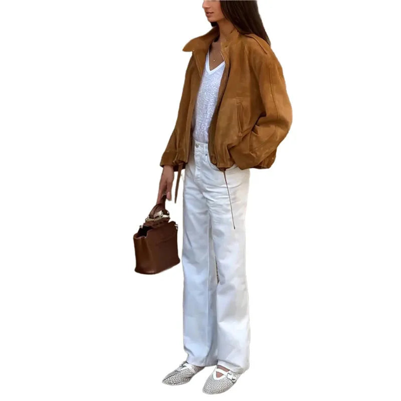 Retro solid colour polyester jacket with loose fit and long sleeves