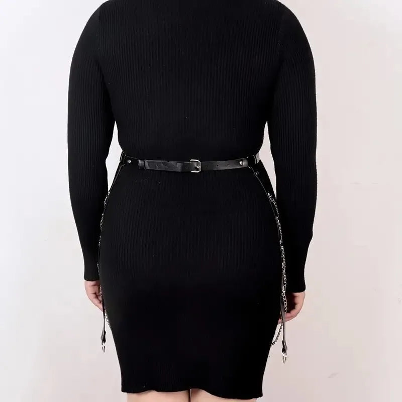 Black PU leather waist chain ornament with adjustable 110cm length draped for waist styling