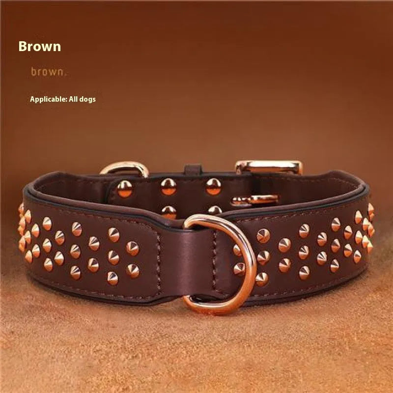 Leather dog collar with metal rivets in chocolate colour, shown alongside pink and black options.