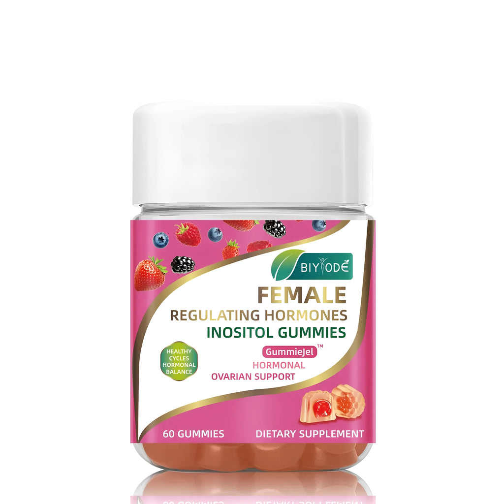 Bottle of 60 female multivitamin inositol gummies for hormonal balance support, original flavour, custom label available