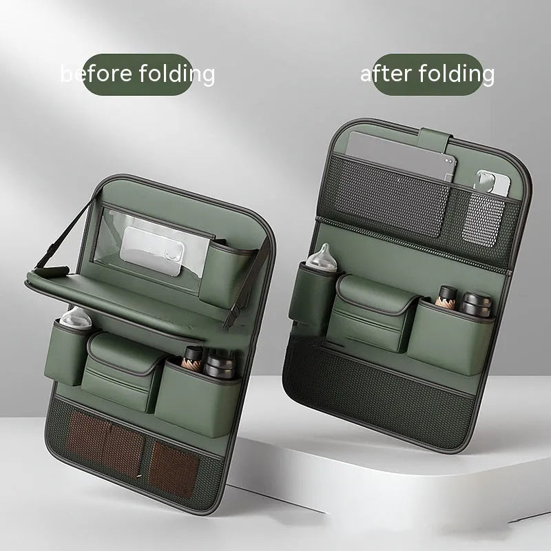 Car seat lazyback storage bag in obsidian black with foldable dining table and leather finish