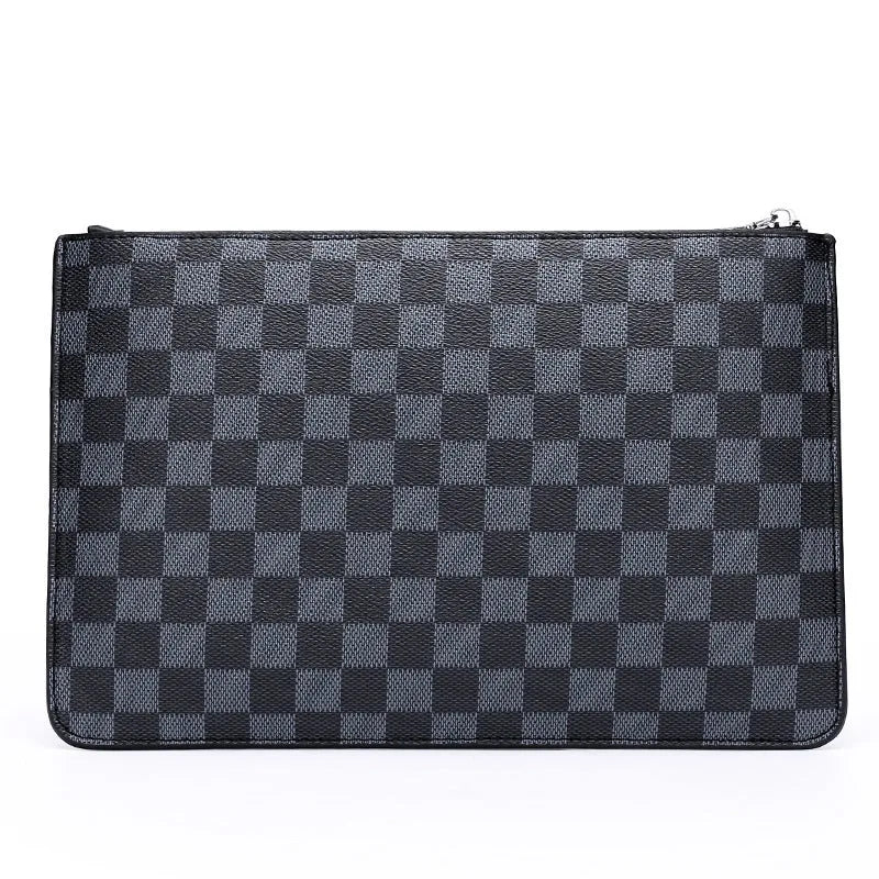 Men's soft PU leather clutch wallet with checkered pattern showing six card slots and zipper pocket