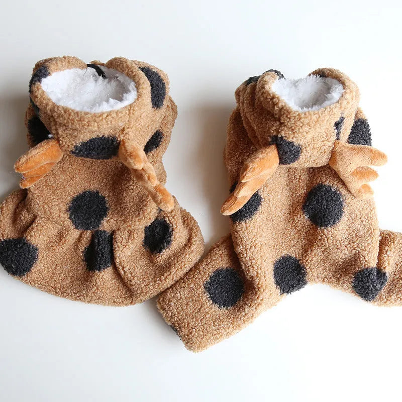 Polka dot pattern pet clothing showing skirt dress and four-legged jumpsuit styles for cats and dogs