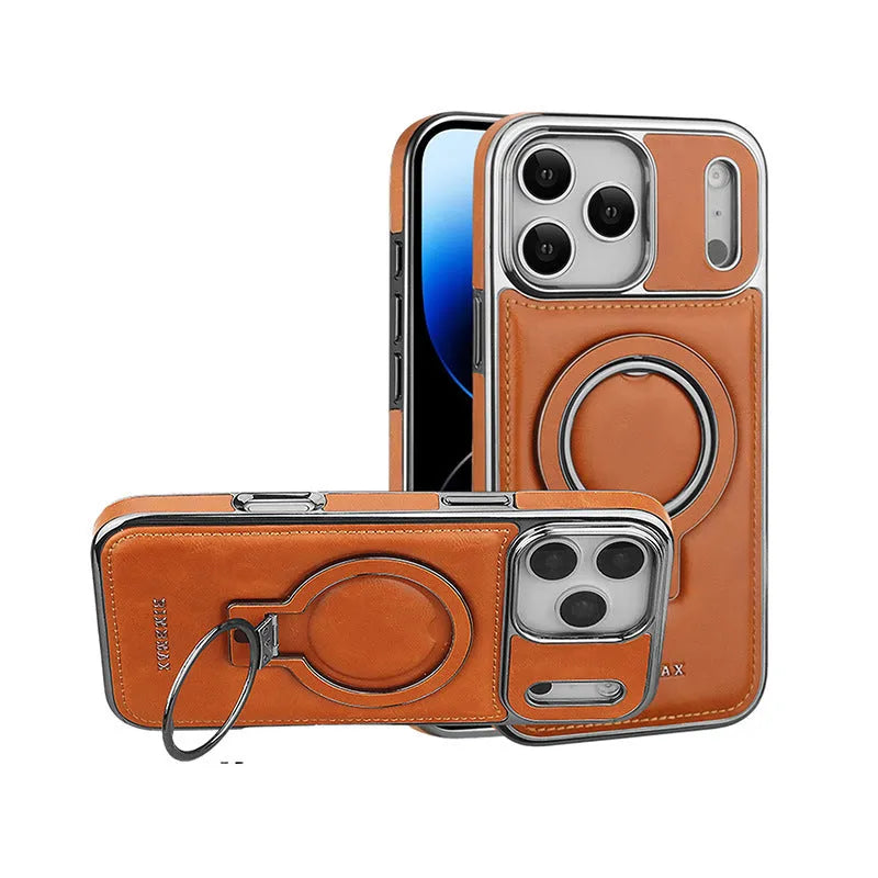 Magnetic leather phone case with kickstand for iPhone, drop-resistant, in black