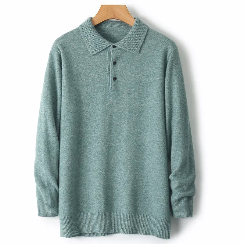 Men's woollen polo collar pullover sweater in assorted colours on a size chart background.
