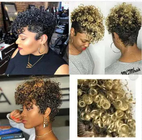 Short synthetic wig with simple rolls design in exotic style, shown in black colour.
