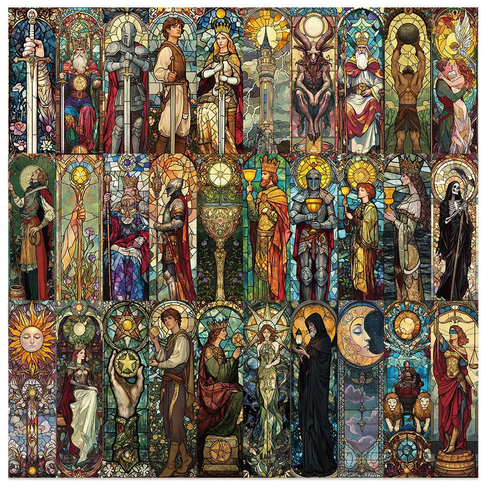 Set of 30 handmade paper tarot bookmarks with painted glass card designs.