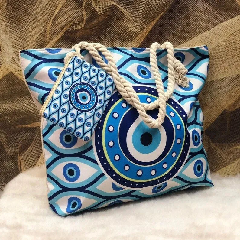 Devil's Eye women's large capacity seaside shoulder bag, polyester, 46x38x12cm, double straps, six styles available.