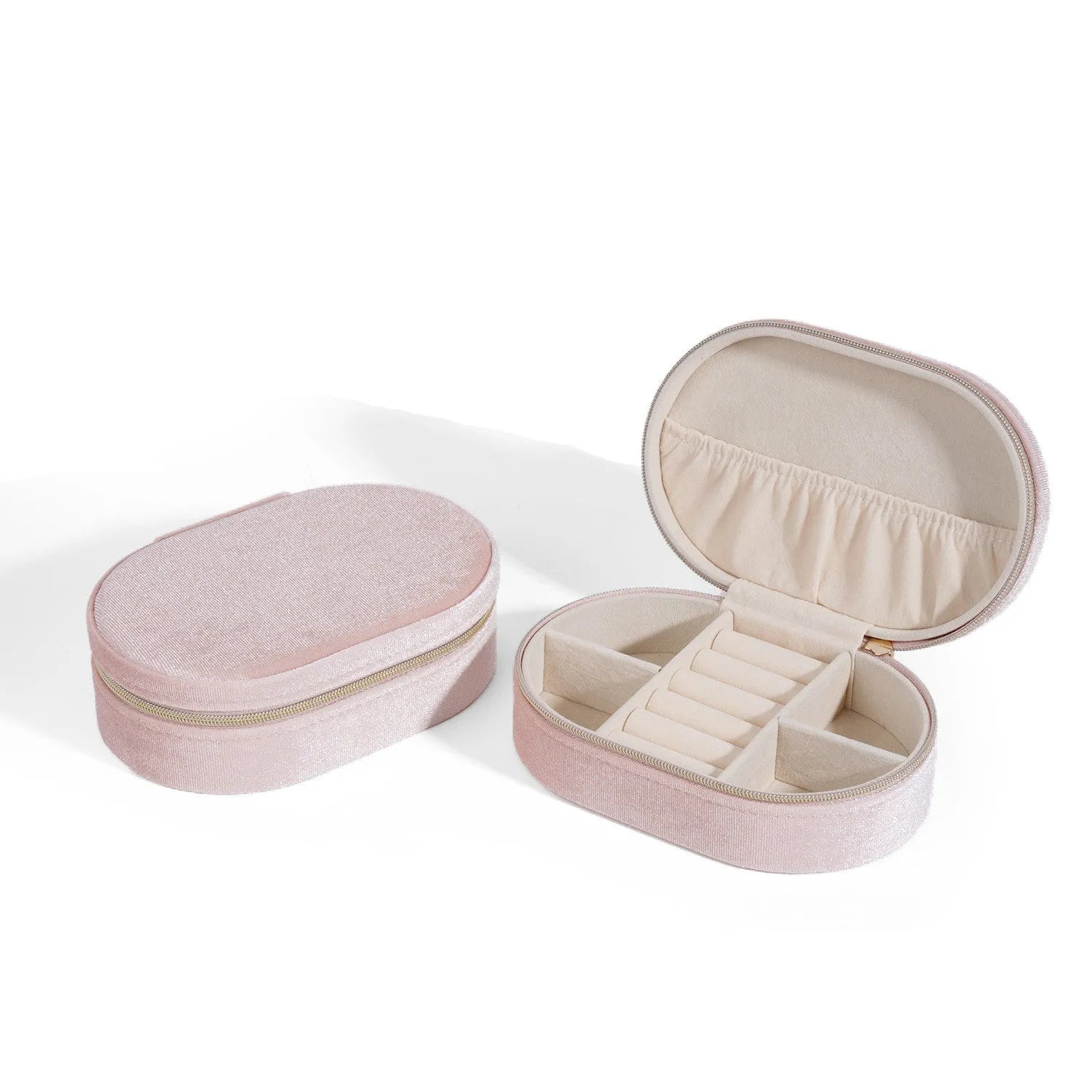 Korean style oval velvet jewellery box in multiple colours with flannel lining, shown with dimensions 15x10x5cm