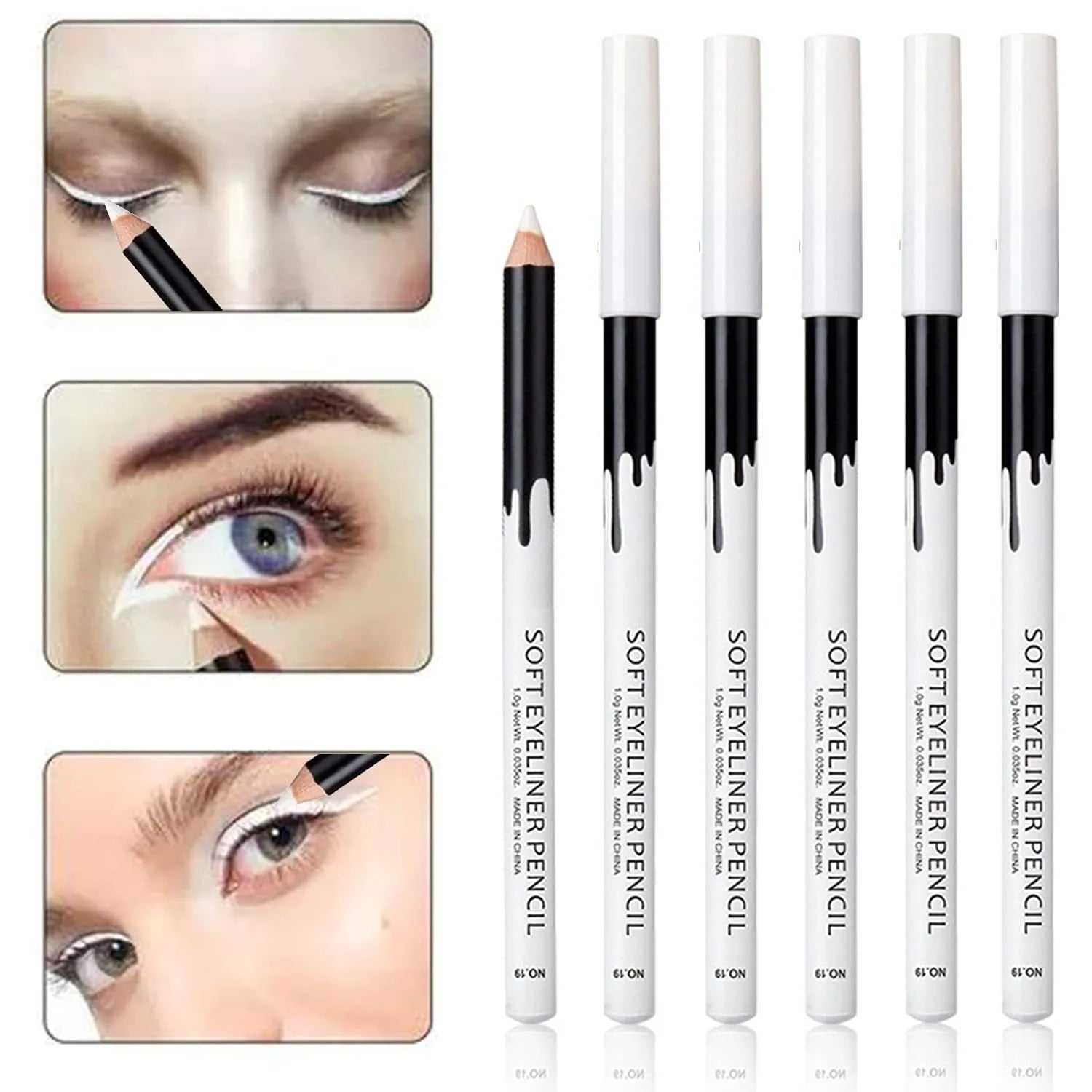 12-piece white and black waterproof eyeliner pencil set with retractable design and sharpener