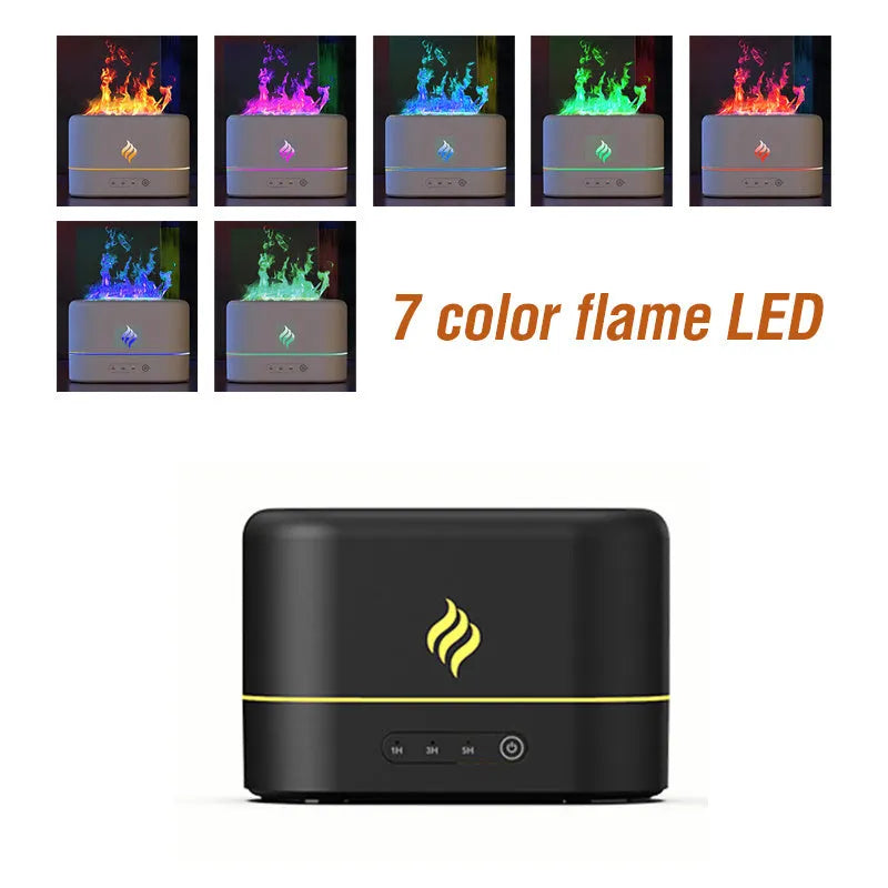 Black or white plastic aromatherapy humidifier with seven-colour flame lighting effect and USB power connection