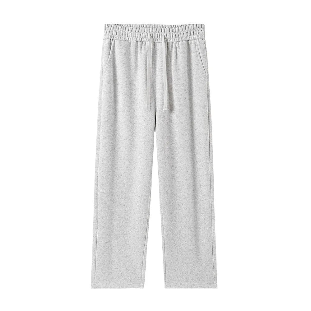 High-waisted straight-leg cotton pants in heather gray, loose fit, available in multiple colours