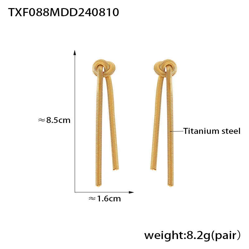 Gold electroplated titanium steel necklace with knotted tassel pendant and matching earrings set