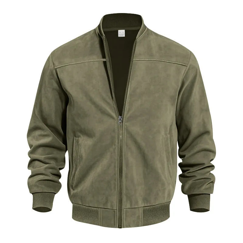 Man wearing a khaki suede casual zipper jacket with a regular fit.