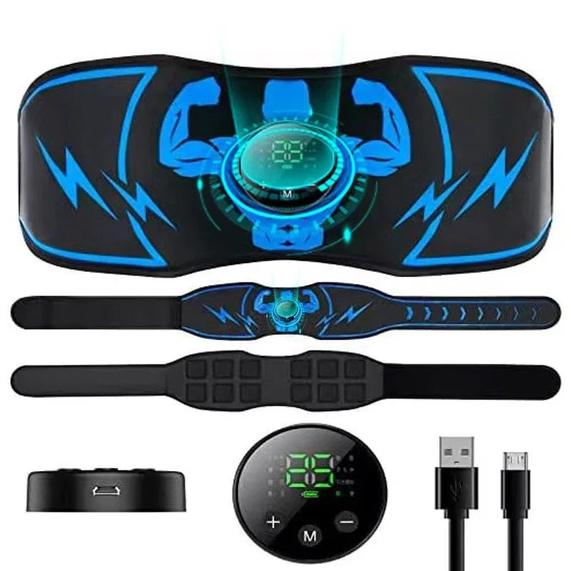 EMS abdominal belt with blue host unit and wireless remote control for muscle stimulation