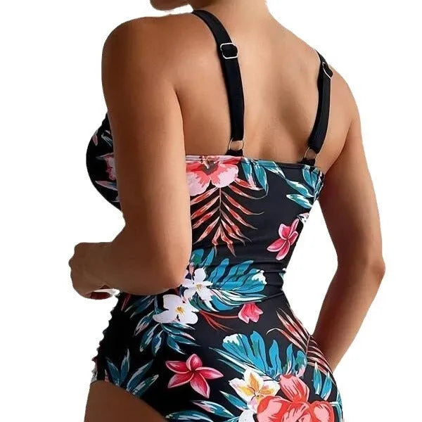 Women's floral backless one-piece swimsuit in multiple colours with high elasticity spandex construction