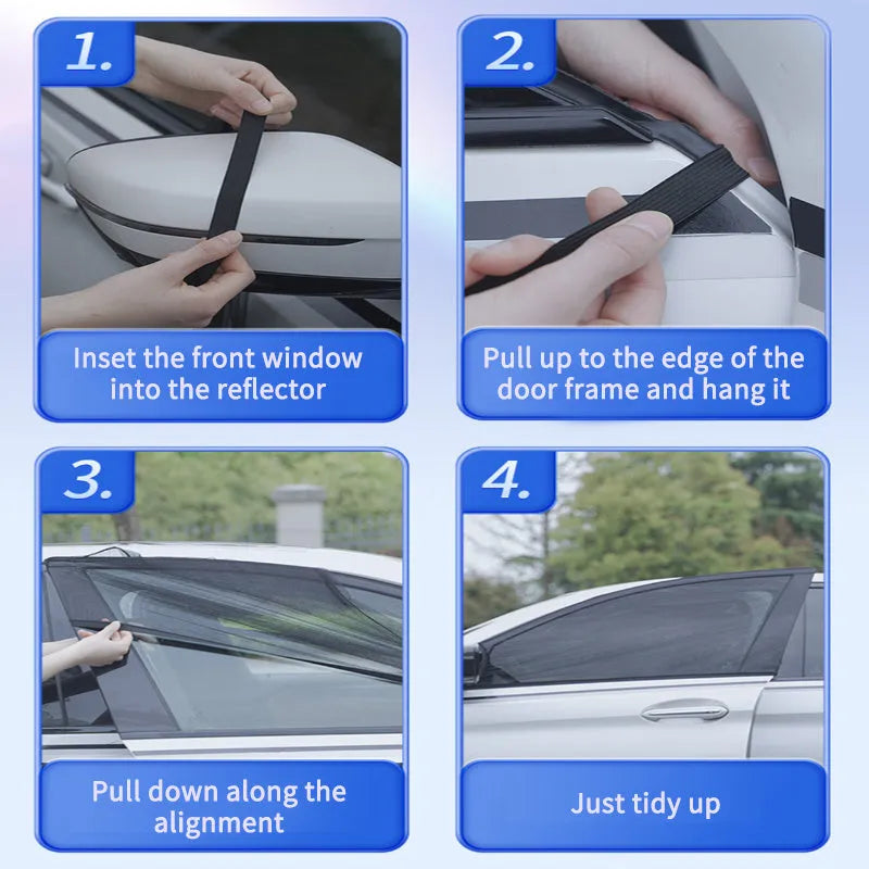 Car side window sunshade mesh screen on car door window, non-woven fabric, elastic strip installation.