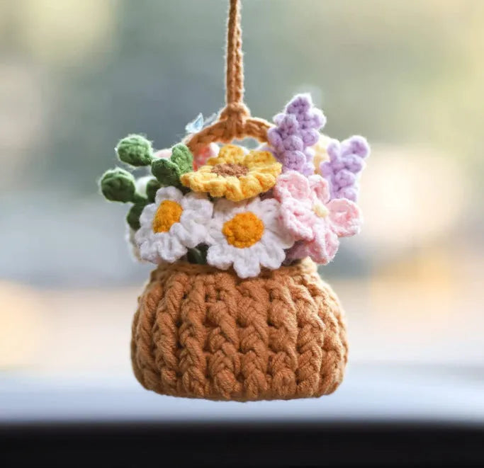 Green and white knitted car plant ornament with hanging rope for dashboard or mirror decoration
