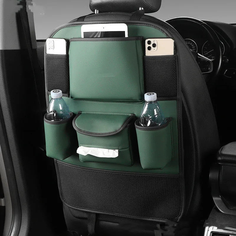 Leather car seat back storage organiser bag shown in black, suspended behind a car seat headrest.