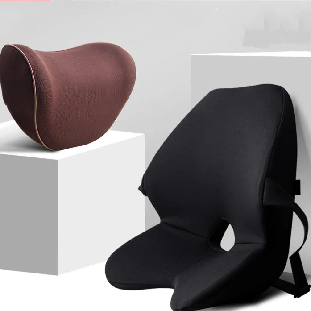 Car seat lumbar support cushion with memory foam, shown in beige colour on a car seat